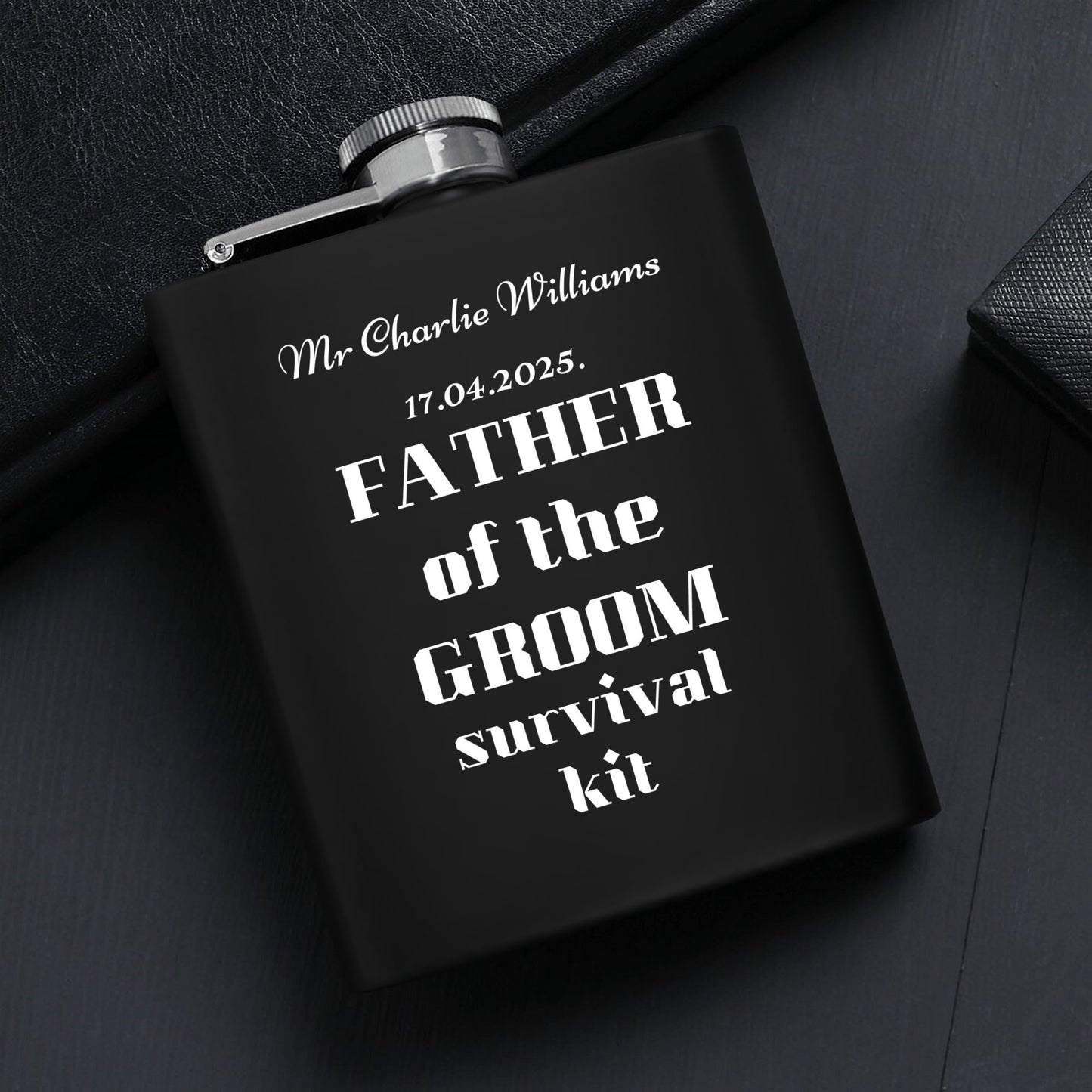 Father of the Groom Survival Kit – Personalized 7oz Black Hip Flask Gift Set with Funnel, Cups & Gift Box