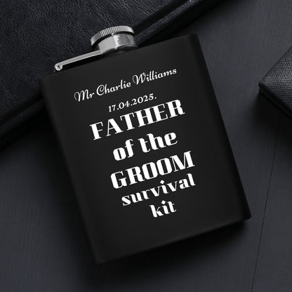 Father of the Groom Survival Kit – Personalized 7oz Black Hip Flask Gift Set with Funnel, Cups & Gift Box