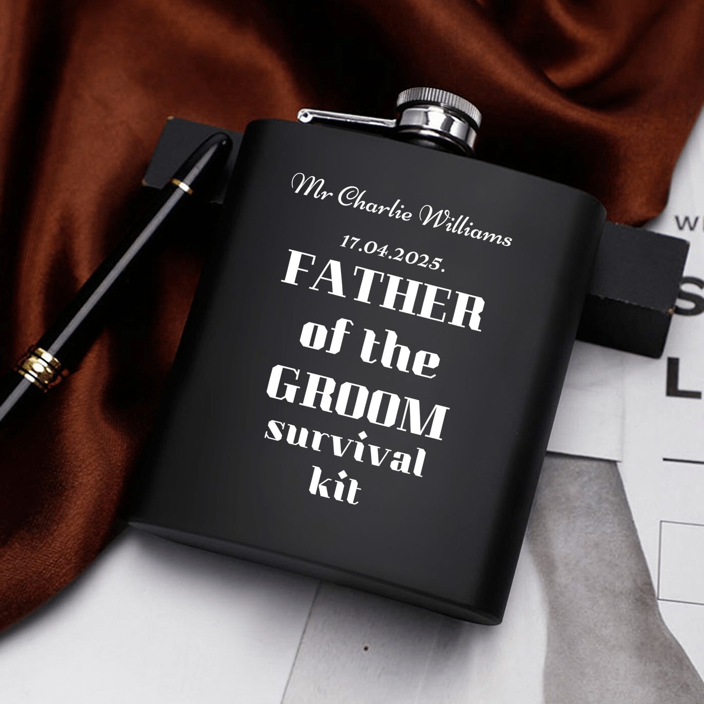 Father of the Groom Survival Kit – Personalized 7oz Black Hip Flask Gift Set with Funnel, Cups & Gift Box
