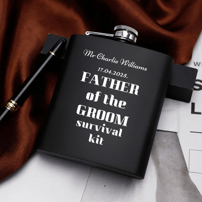 Father of the Groom Survival Kit – Personalized 7oz Black Hip Flask Gift Set with Funnel, Cups & Gift Box