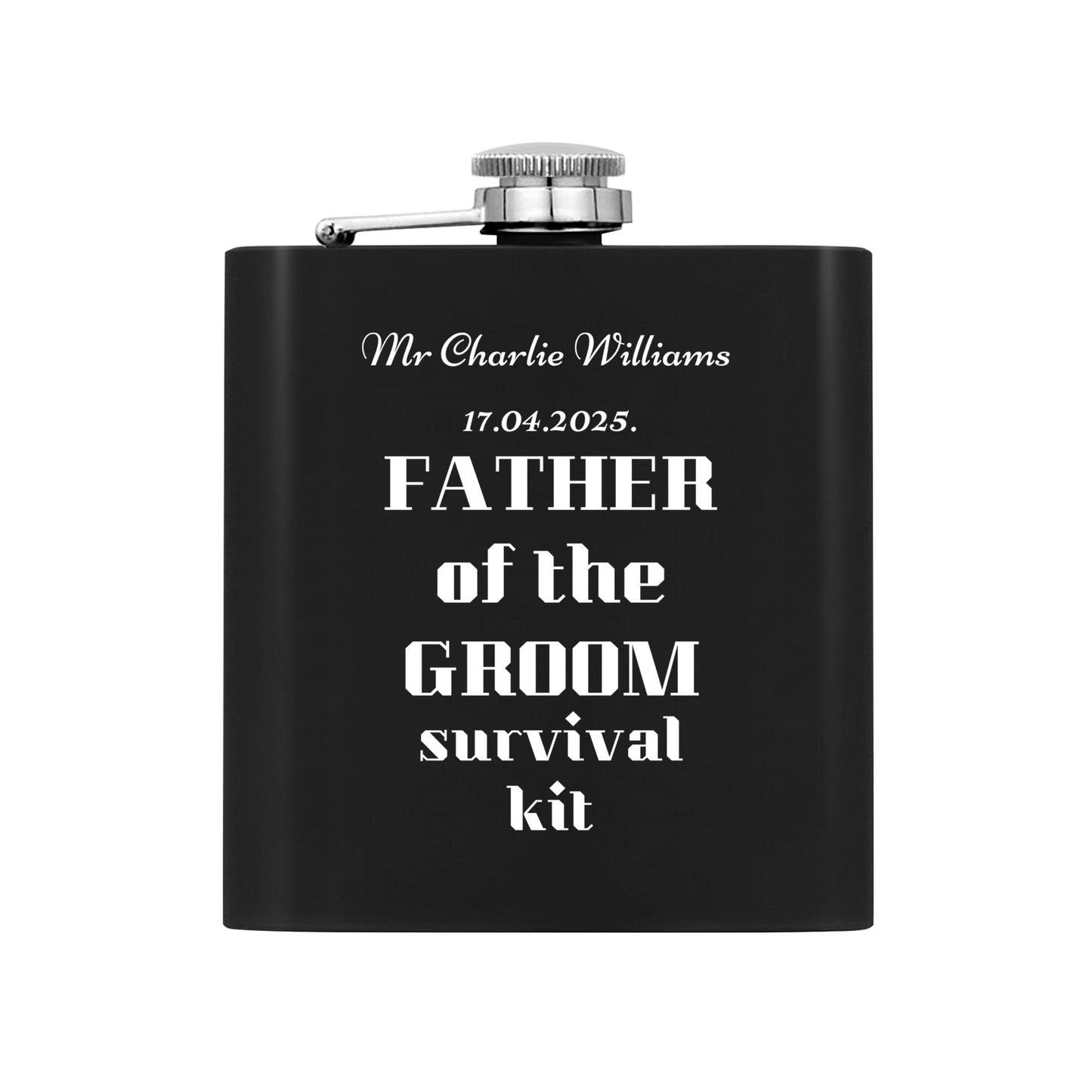 Father of the Groom Survival Kit – Personalized 7oz Black Hip Flask Gift Set with Funnel, Cups & Gift Box