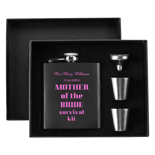 Personalized Mother of the Bride survival kit Hip Flask Set – 7oz Black Stainless Steel with Gift Box & Custom Engraving