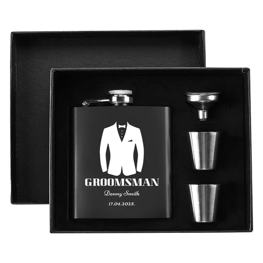 Personalized Groomsman Hip Flask Set – 7oz Black Stainless Steel with Gift Box & Custom Engraving