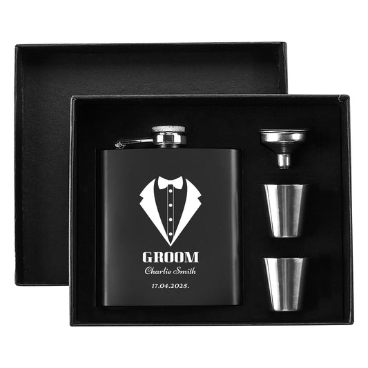 Personalized Black Stainless Steel Hip Flask Set – 7oz Groom Gift with Custom Engraving & Gift Box