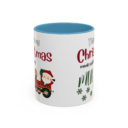 Christmas Movie Watching Accent Coffee Mug (11, 15oz) - Cozy Holiday Mug, Festive Hot Cocoa Cup, Winter Movie Night Gift, Santa Claus Mug, by Printify