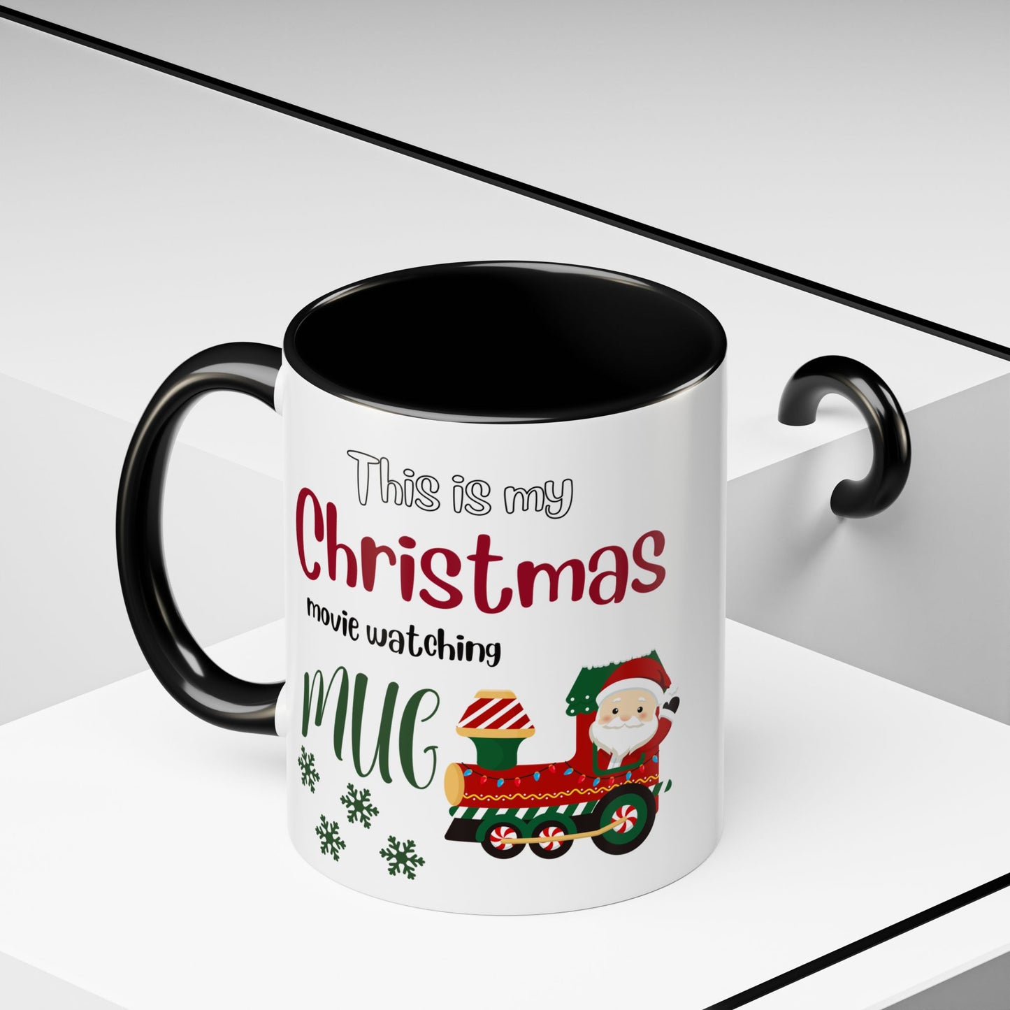 Christmas Movie Watching Accent Coffee Mug (11, 15oz) - Cozy Holiday Mug, Festive Hot Cocoa Cup, Winter Movie Night Gift, Santa Claus Mug, by Printify