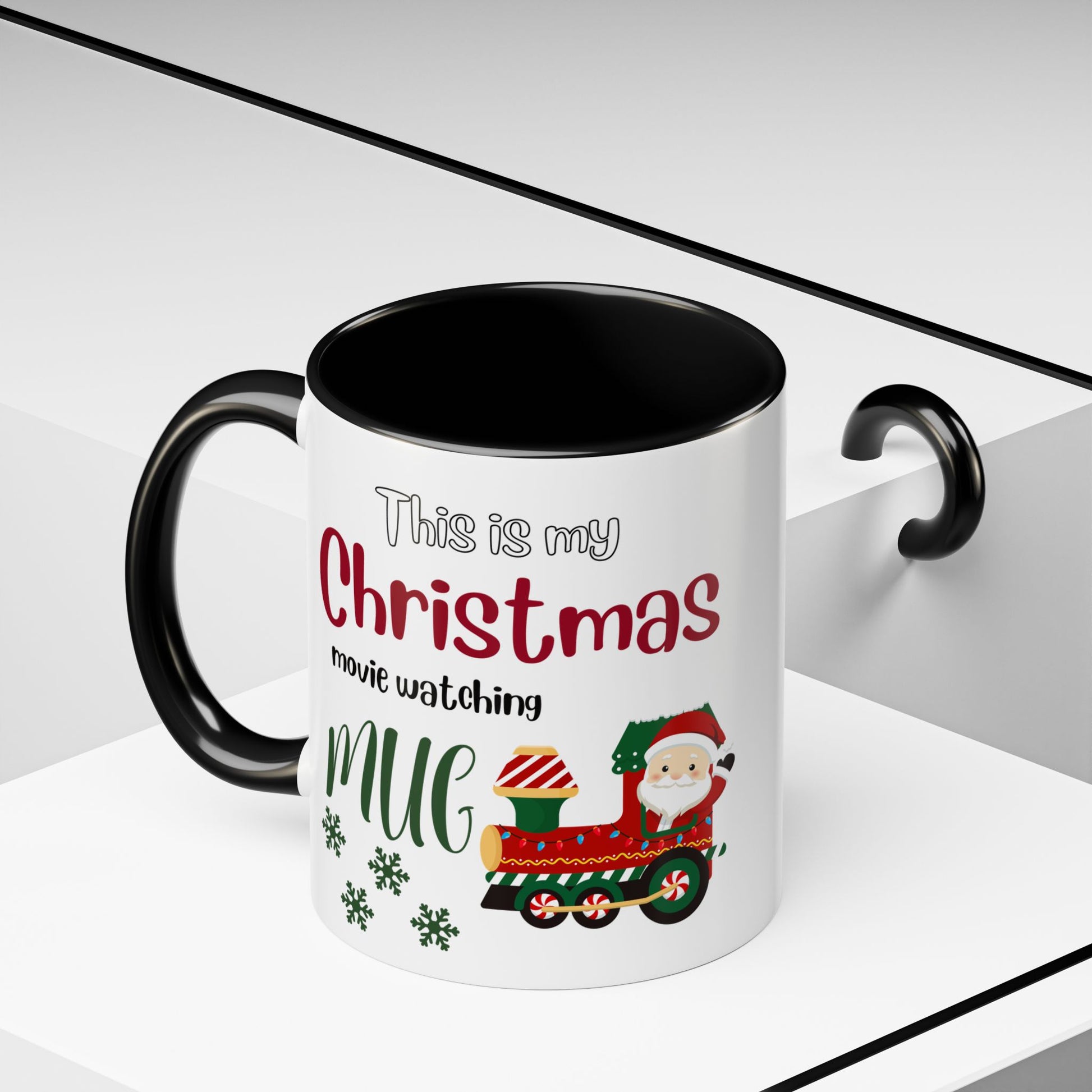 Christmas Movie Watching Accent Coffee Mug (11, 15oz) - Cozy Holiday Mug, Festive Hot Cocoa Cup, Winter Movie Night Gift, Santa Claus Mug, by Printify