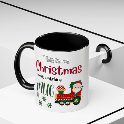 Christmas Movie Watching Accent Coffee Mug (11, 15oz) - Cozy Holiday Mug, Festive Hot Cocoa Cup, Winter Movie Night Gift, Santa Claus Mug, by Printify