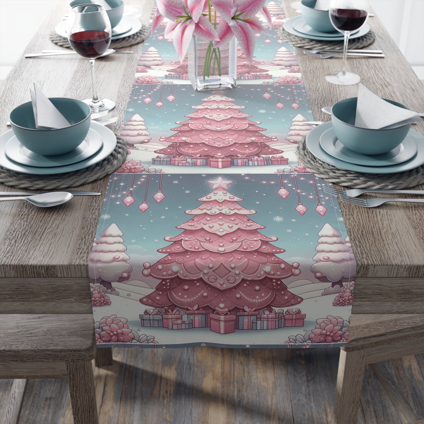 Christmas Table Runner, Holiday Decor, Cotton Table Runner, Festive Dining, Pink Christmas Tree, Hostess Gift by Printify