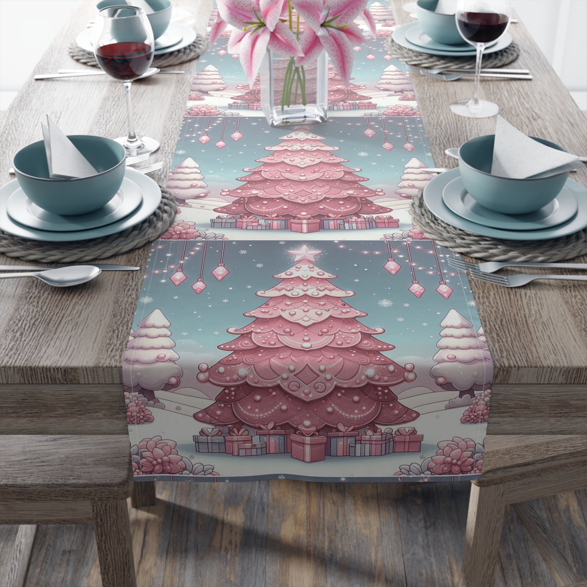 Christmas Table Runner, Holiday Decor, Cotton Table Runner, Festive Dining, Pink Christmas Tree, Hostess Gift by Printify