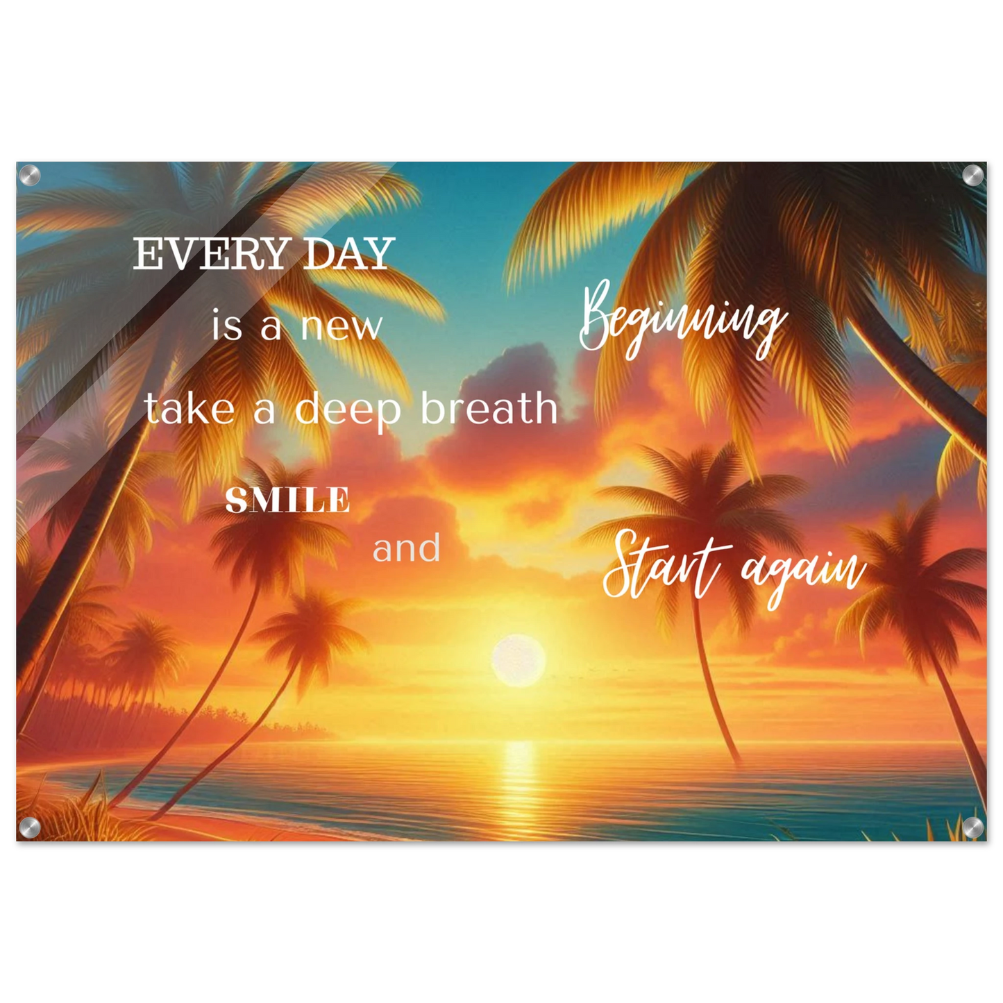 Tropical sunset with palm trees and motivational quote on a white background
