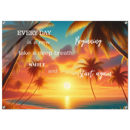 Tropical sunset with palm trees and motivational quote on a white background