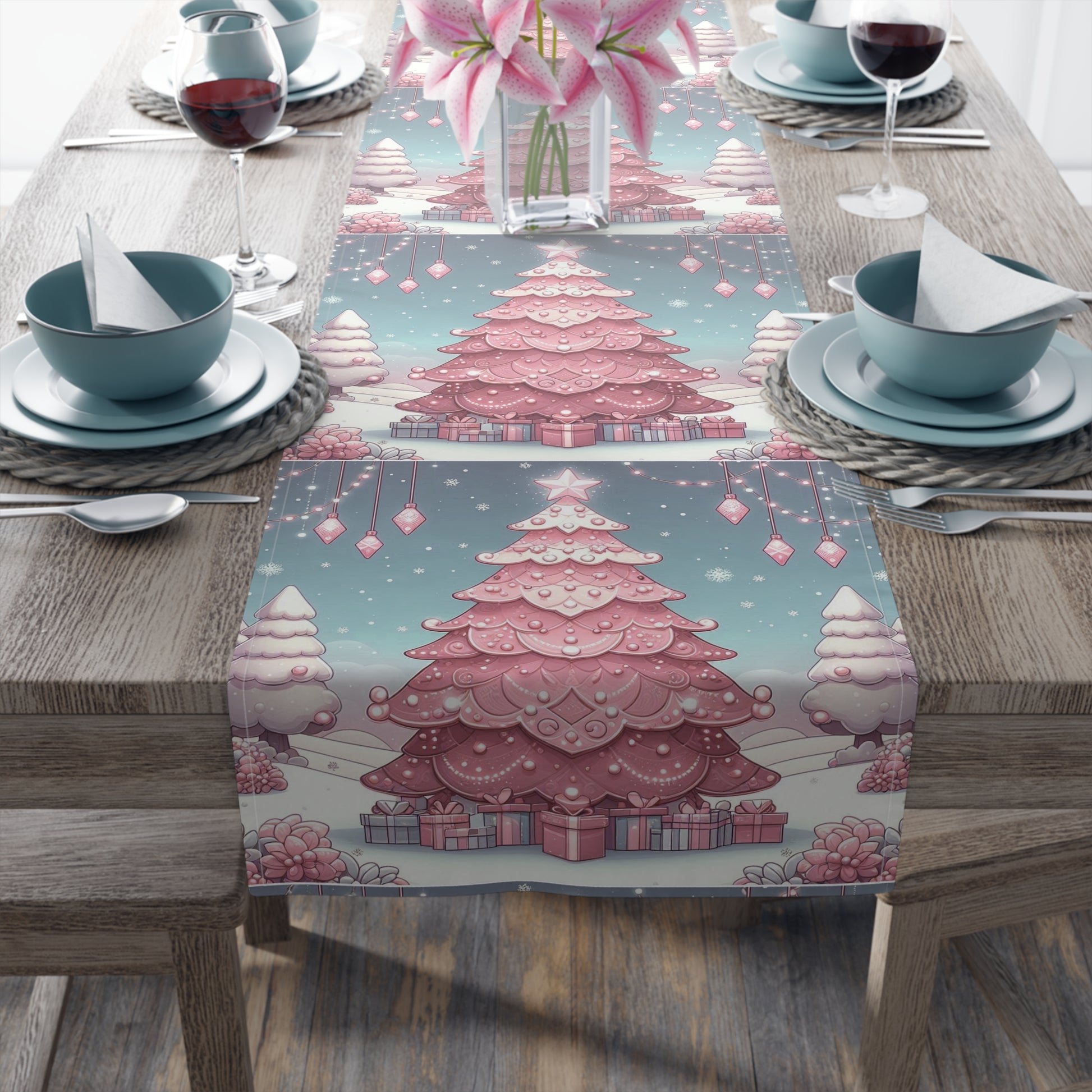 Christmas Table Runner, Holiday Decor, Cotton Table Runner, Festive Dining, Pink Christmas Tree, Hostess Gift by Printify