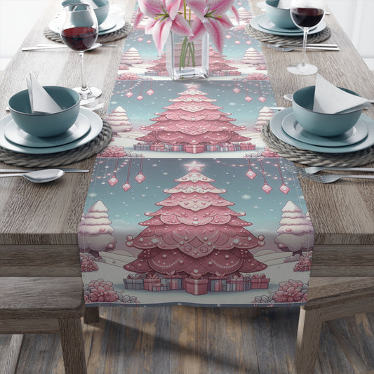 Christmas Table Runner, Holiday Decor, Cotton Table Runner, Festive Dining, Pink Christmas Tree, Hostess Gift by Printify