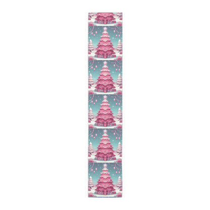 Christmas Table Runner, Holiday Decor, Cotton Table Runner, Festive Dining, Pink Christmas Tree, Hostess Gift by Printify