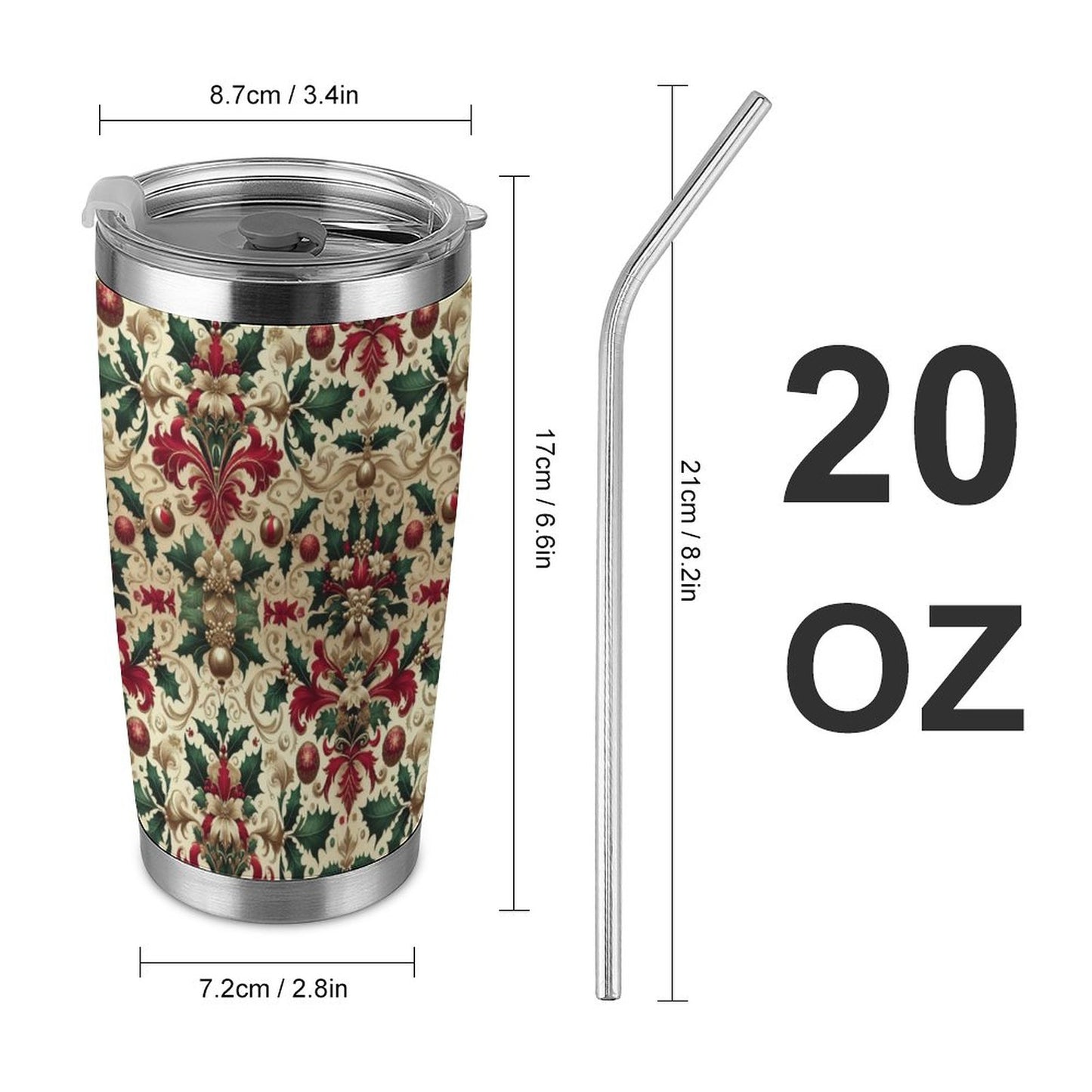 20oz Silver Rim Car Cup – All-Over Christmas Pattern Design