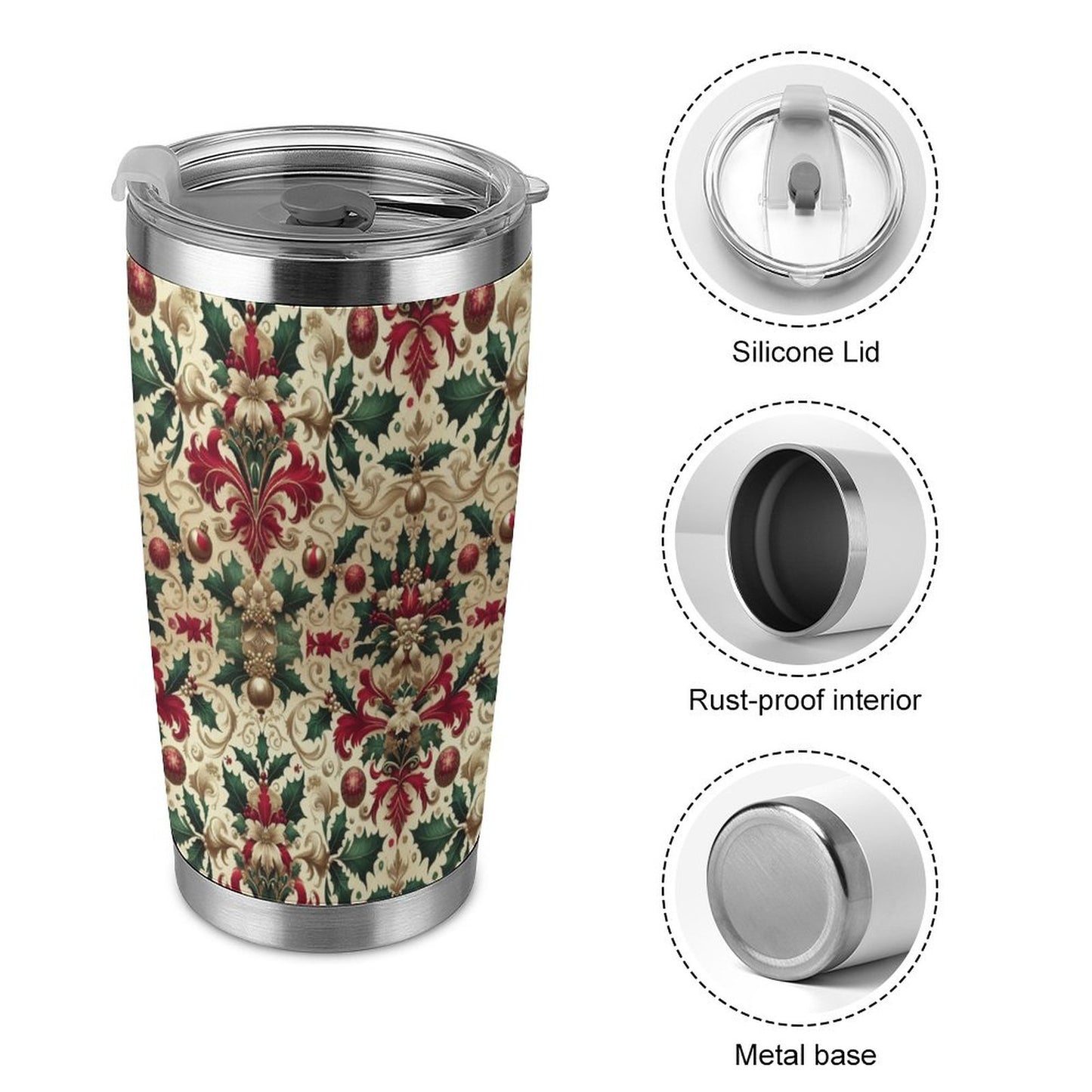 20oz Silver Rim Car Cup – All-Over Christmas Pattern Design