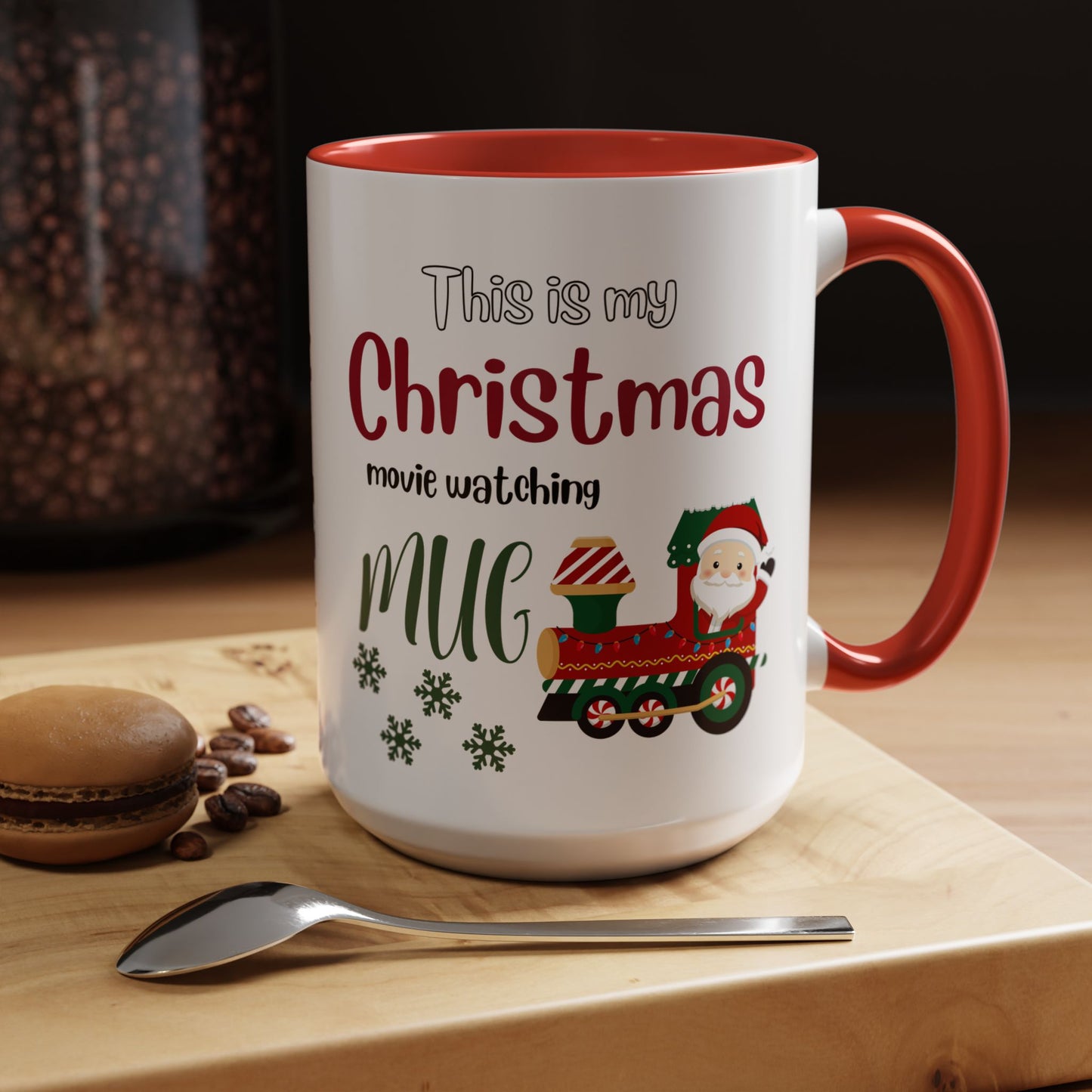 Christmas Movie Watching Accent Coffee Mug (11, 15oz) - Cozy Holiday Mug, Festive Hot Cocoa Cup, Winter Movie Night Gift, Santa Claus Mug, by Printify