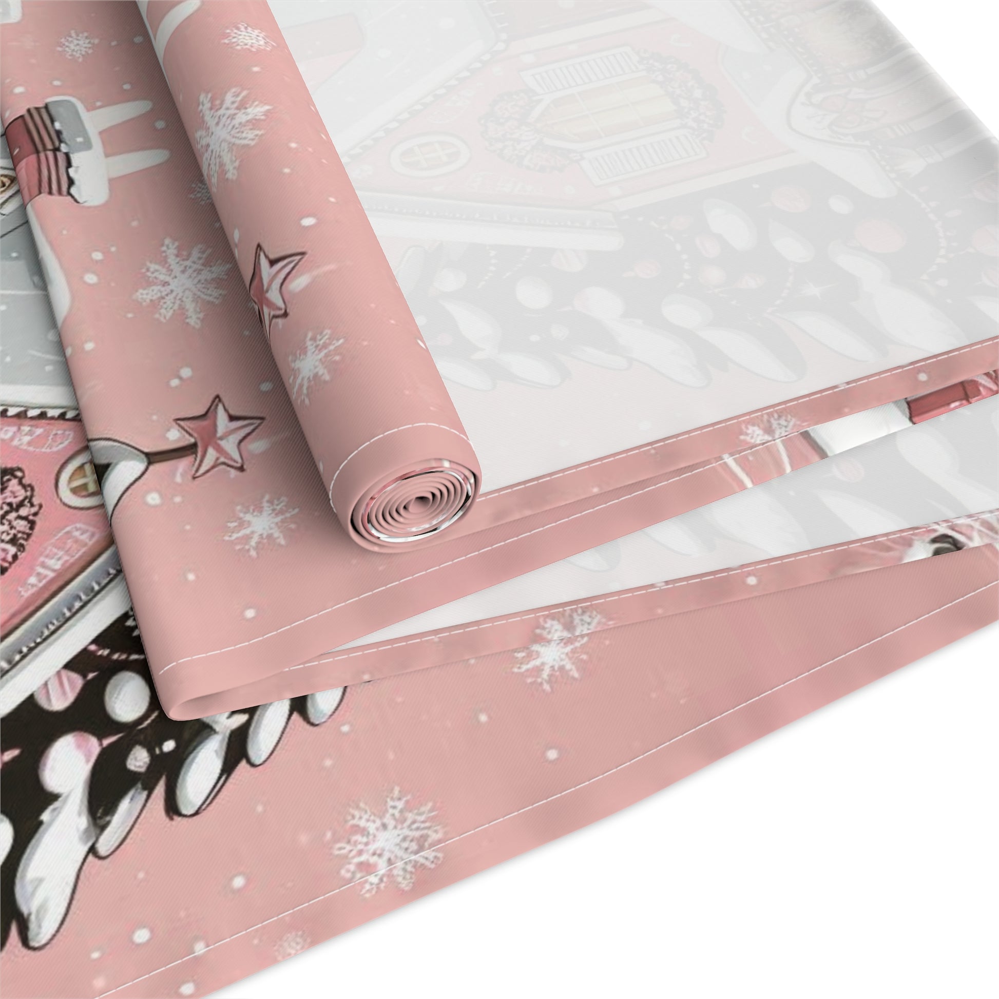 Christmas House Table Runner - Festive Holiday Decor Pink Merry Christmas, Dining Room Kitchen Decor, Home Decoration, by Printify