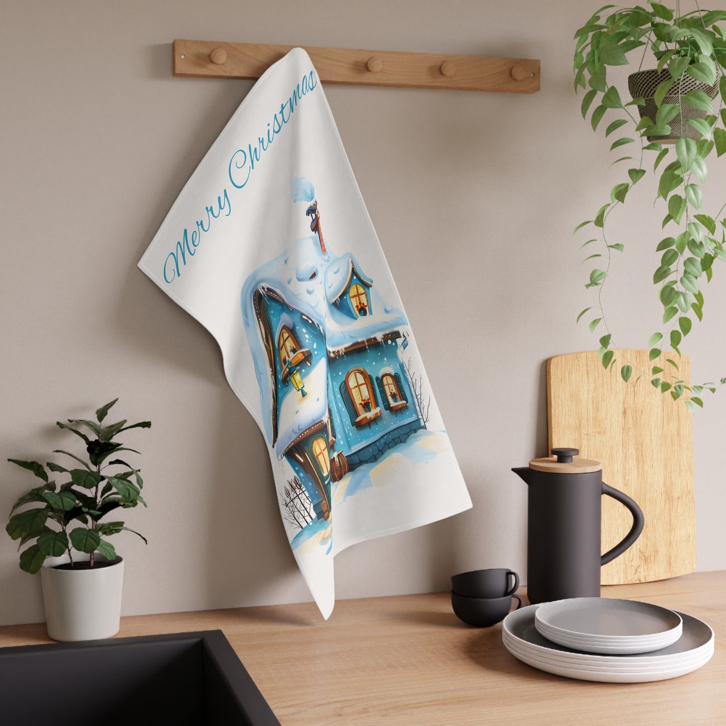 Christmas Blue & White Festive Tea Towel — Holiday Kitchen Decor, Housewarming Gift by Printify