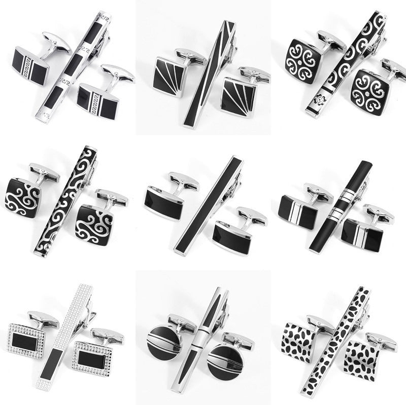 Business Fashion Men's Suit Cuff Tie Accessories Black Three Piece Set Cufflinks Tie Clip Set Gift