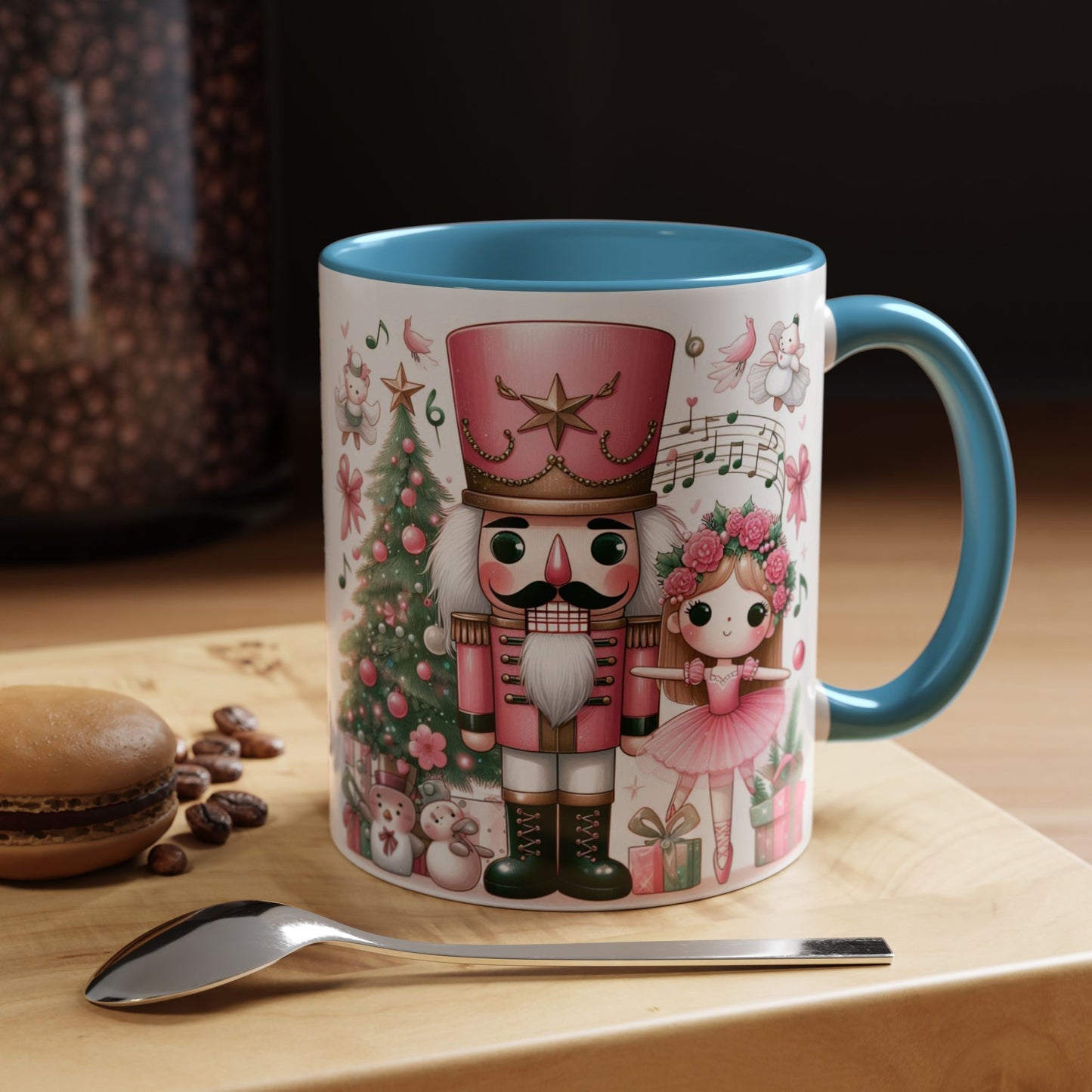 Coffee Mug, Nutcracker Pink Christmas Decoration, Festive Holiday Tea Cup, Unique Ceramic Drinkware, Kitchen Home Decor by Printify