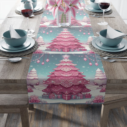 Christmas Table Runner, Holiday Decor, Cotton Table Runner, Festive Dining, Pink Christmas Tree, Hostess Gift by Printify