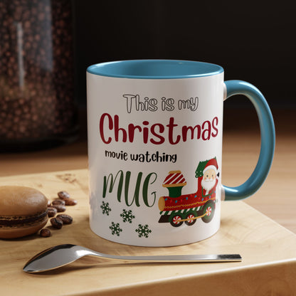 Christmas Movie Watching Accent Coffee Mug (11, 15oz) - Cozy Holiday Mug, Festive Hot Cocoa Cup, Winter Movie Night Gift, Santa Claus Mug, by Printify