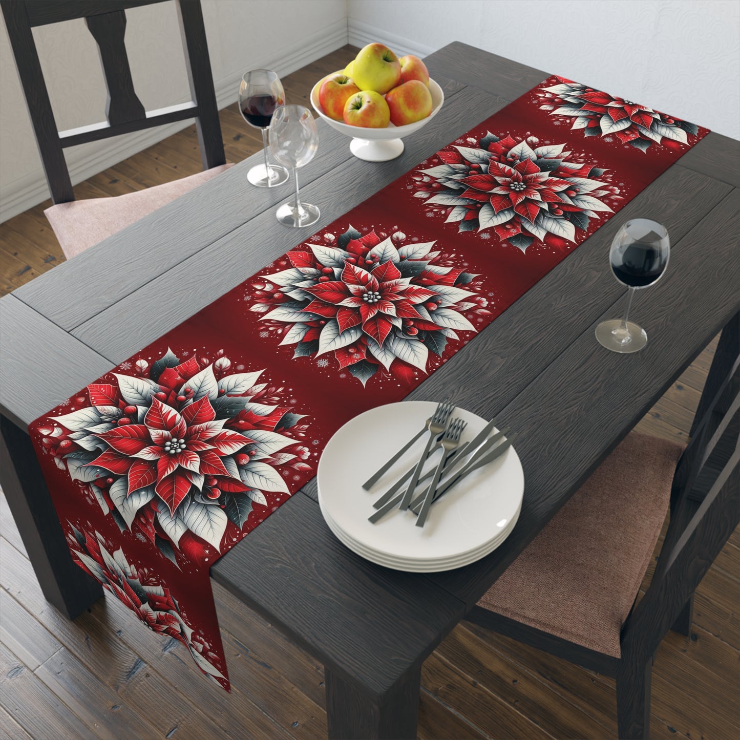 Christmas Table Runner Poinsettia - Cotton, Poly. Holiday Decor, Festive Home Dining, Kitchen Decor, Christmas Party Supplies, Seasonal by Printify