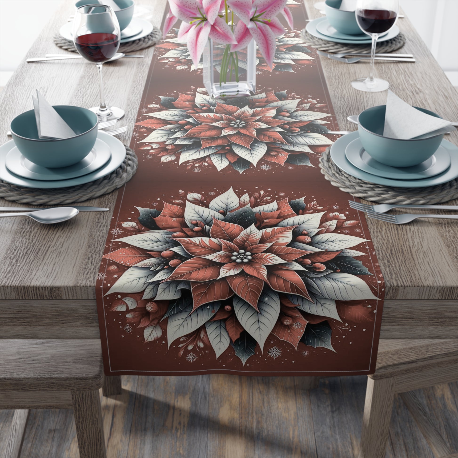 Christmas Table Runner Poinsettia - Cotton, Poly. Holiday Decor, Festive Home Dining, Kitchen Decor, Christmas Party Supplies, Seasonal by Printify