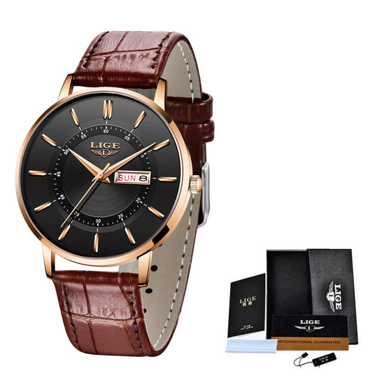 LIGE Liger Quartz Men's Watch Dual Calendar Movement Waterproof Watch Belt Watch