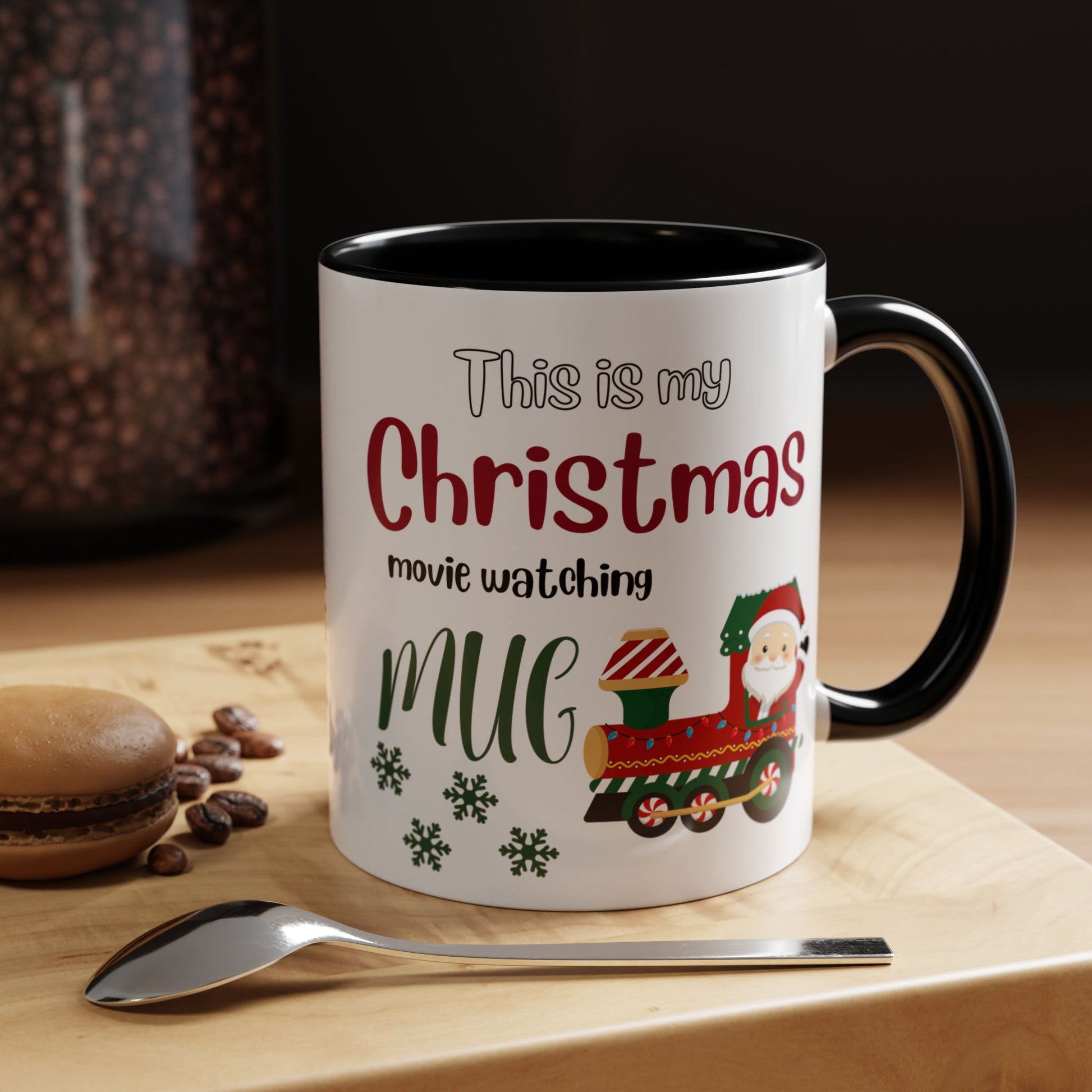 Christmas Movie Watching Accent Coffee Mug (11, 15oz) - Cozy Holiday Mug, Festive Hot Cocoa Cup, Winter Movie Night Gift, Santa Claus Mug, by Printify