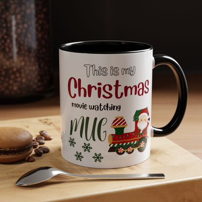 Christmas Movie Watching Accent Coffee Mug (11, 15oz) - Cozy Holiday Mug, Festive Hot Cocoa Cup, Winter Movie Night Gift, Santa Claus Mug, by Printify