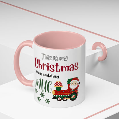 Christmas Movie Watching Accent Coffee Mug (11, 15oz) - Cozy Holiday Mug, Festive Hot Cocoa Cup, Winter Movie Night Gift, Santa Claus Mug, by Printify