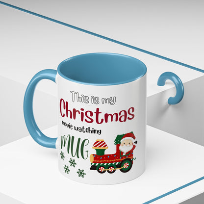Christmas Movie Watching Accent Coffee Mug (11, 15oz) - Cozy Holiday Mug, Festive Hot Cocoa Cup, Winter Movie Night Gift, Santa Claus Mug, by Printify