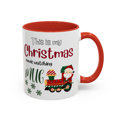 Christmas Movie Watching Accent Coffee Mug (11, 15oz) - Cozy Holiday Mug, Festive Hot Cocoa Cup, Winter Movie Night Gift, Santa Claus Mug, by Printify