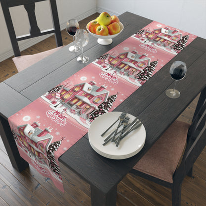 Christmas House Table Runner - Festive Holiday Decor Pink Merry Christmas, Dining Room Kitchen Decor, Home Decoration, by Printify