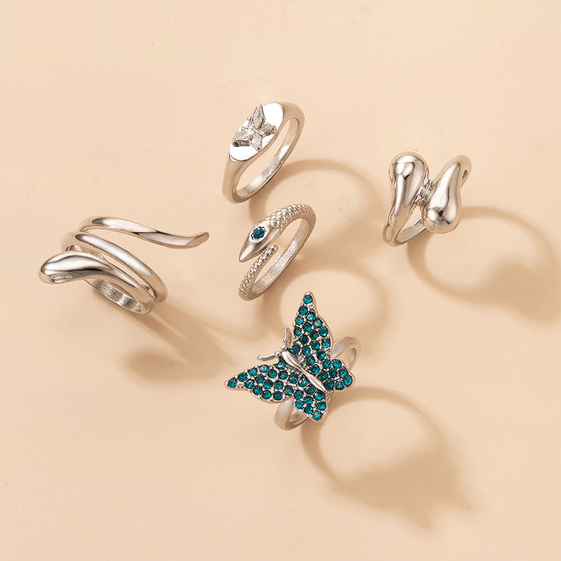 Blue Butterfly Diamond Ring Set of Five Snake Irregular Ring Set