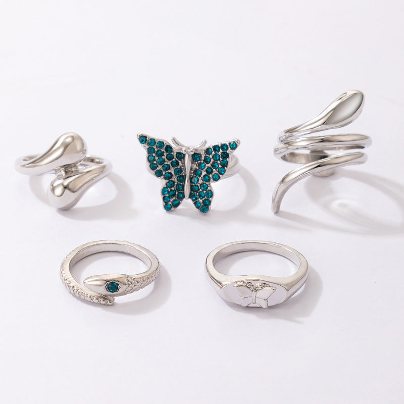 Blue Butterfly Diamond Ring Set of Five Snake Irregular Ring Set