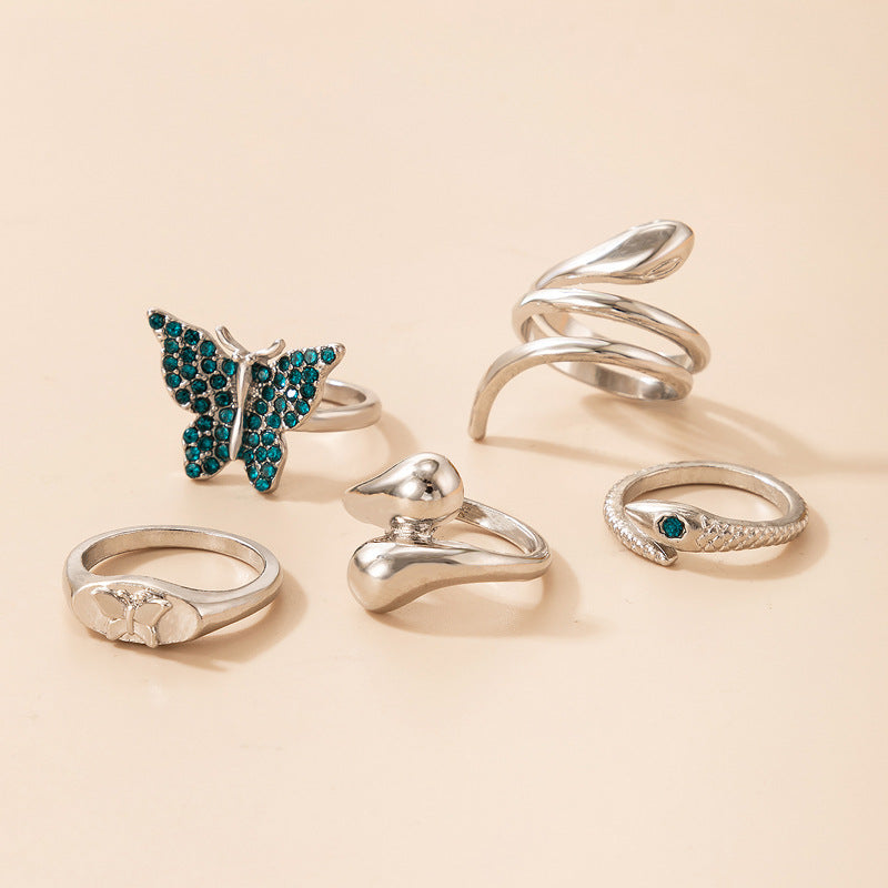 Blue Butterfly Diamond Ring Set of Five Snake Irregular Ring Set