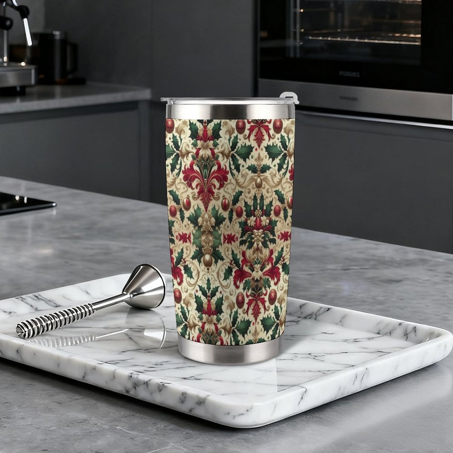 20oz Silver Rim Car Cup – All-Over Christmas Pattern Design