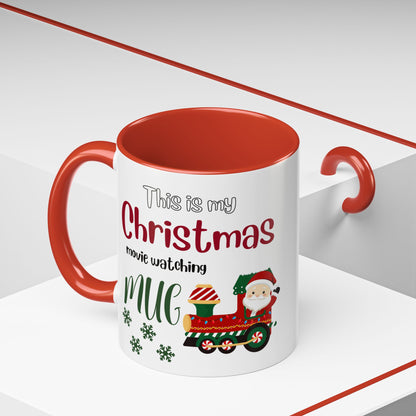 Christmas Movie Watching Accent Coffee Mug (11, 15oz) - Cozy Holiday Mug, Festive Hot Cocoa Cup, Winter Movie Night Gift, Santa Claus Mug, by Printify