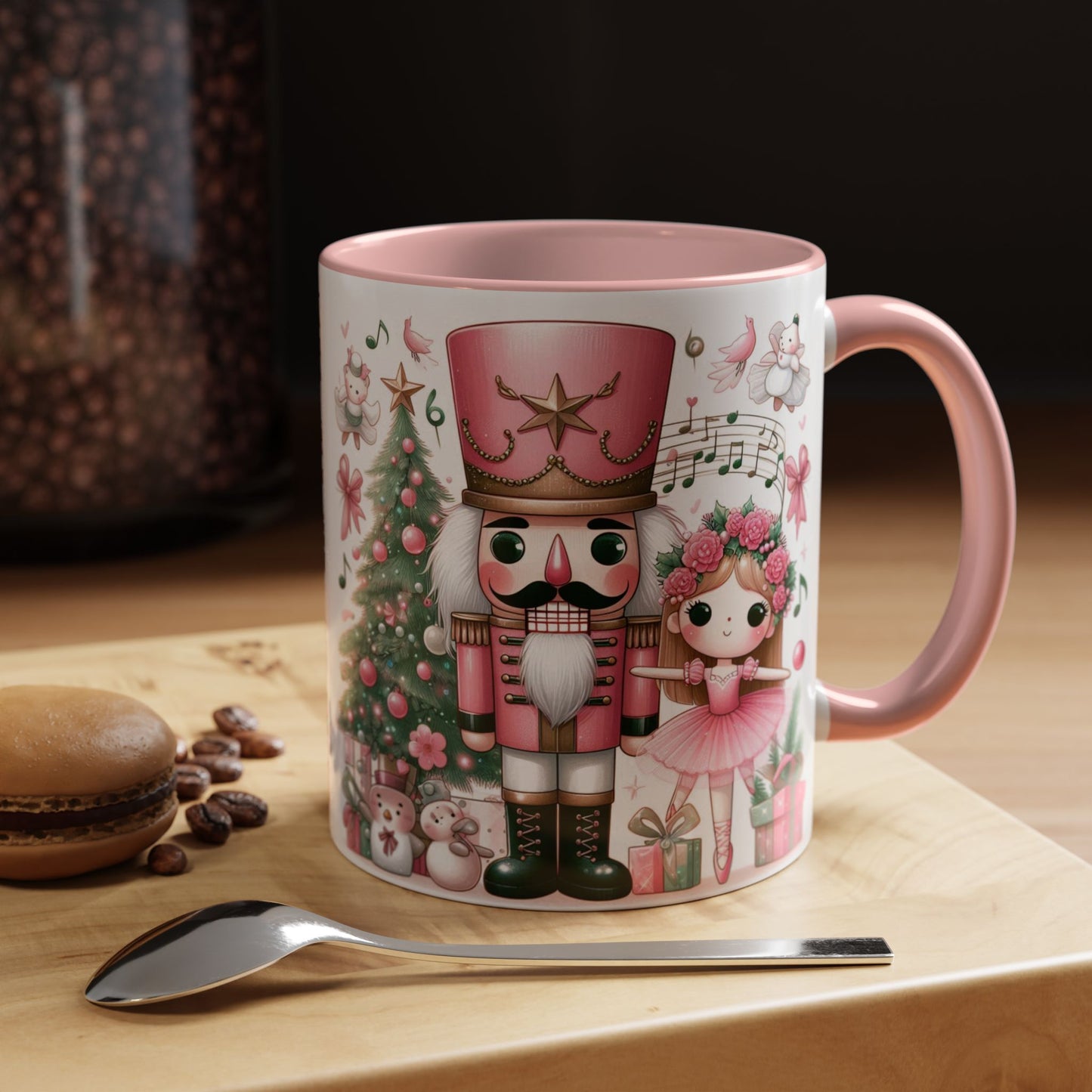 Coffee Mug, Nutcracker Pink Christmas Decoration, Festive Holiday Tea Cup, Unique Ceramic Drinkware, Kitchen Home Decor by Printify