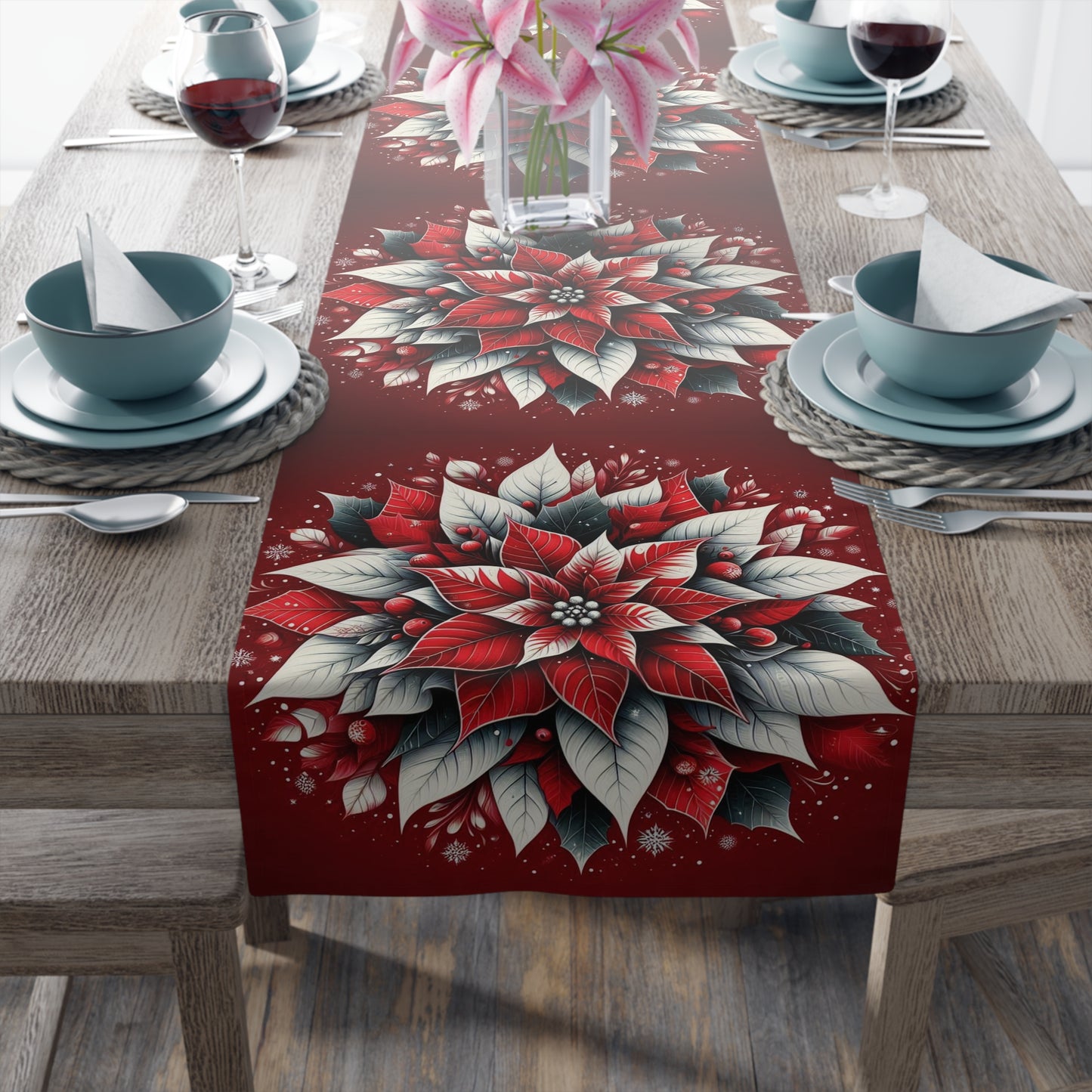 Christmas Table Runner Poinsettia - Cotton, Poly. Holiday Decor, Festive Home Dining, Kitchen Decor, Christmas Party Supplies, Seasonal by Printify
