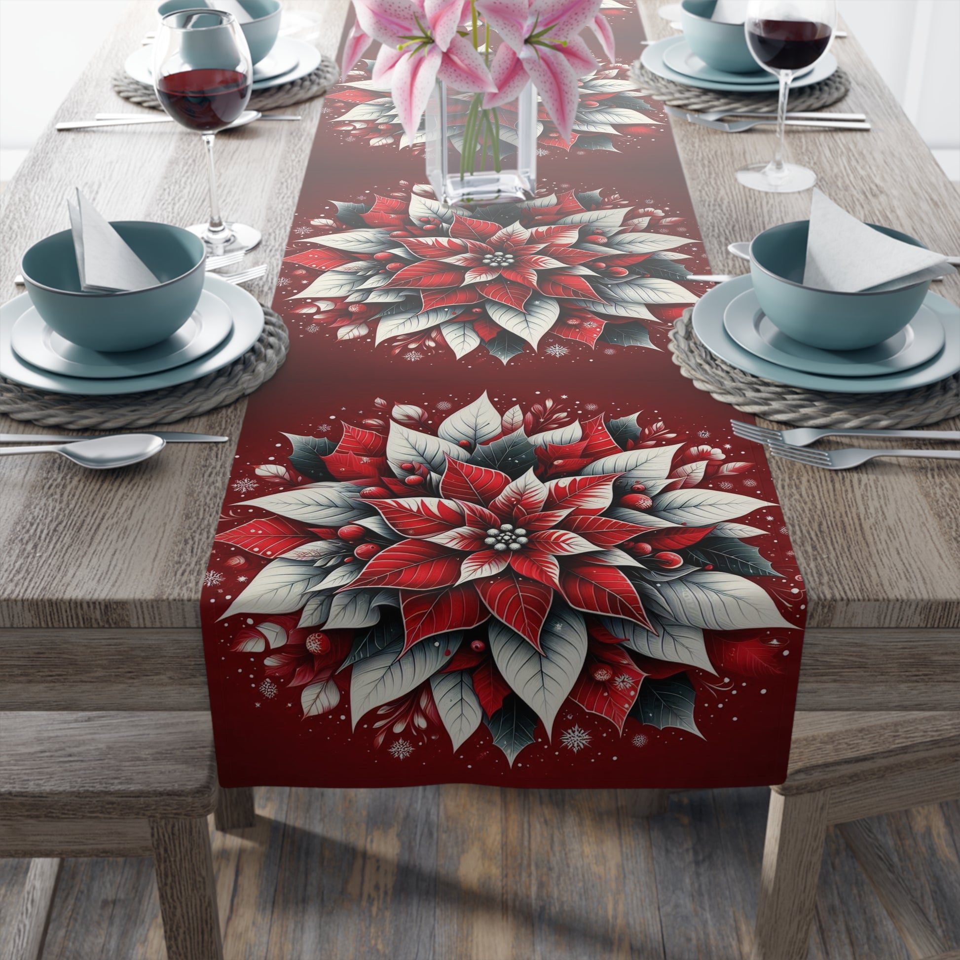 Christmas Table Runner Poinsettia - Cotton, Poly. Holiday Decor, Festive Home Dining, Kitchen Decor, Christmas Party Supplies, Seasonal by Printify
