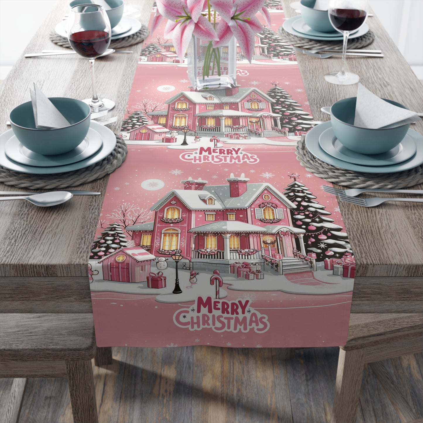 Christmas House Table Runner - Festive Holiday Decor Pink Merry Christmas, Dining Room Kitchen Decor, Home Decoration, by Printify