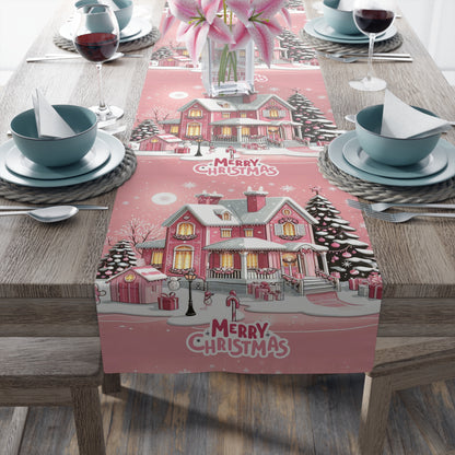 Christmas House Table Runner - Festive Holiday Decor Pink Merry Christmas, Dining Room Kitchen Decor, Home Decoration, by Printify