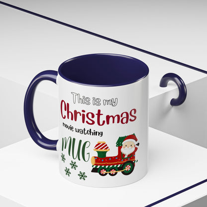 Christmas Movie Watching Accent Coffee Mug (11, 15oz) - Cozy Holiday Mug, Festive Hot Cocoa Cup, Winter Movie Night Gift, Santa Claus Mug, by Printify