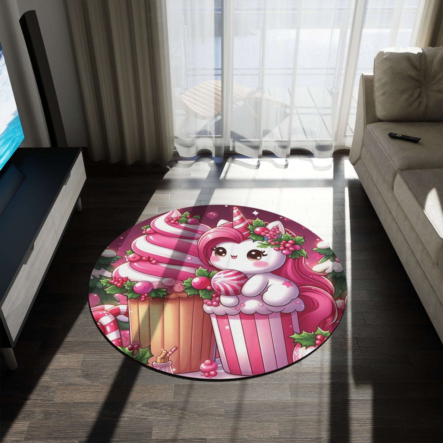 Christmas Round Rug - Pink Muffin Decoration, Holiday Round Mat, Festive Home Decor, Cozy Christmas Rug, Winter Rug, Holiday Area Rug by Printify