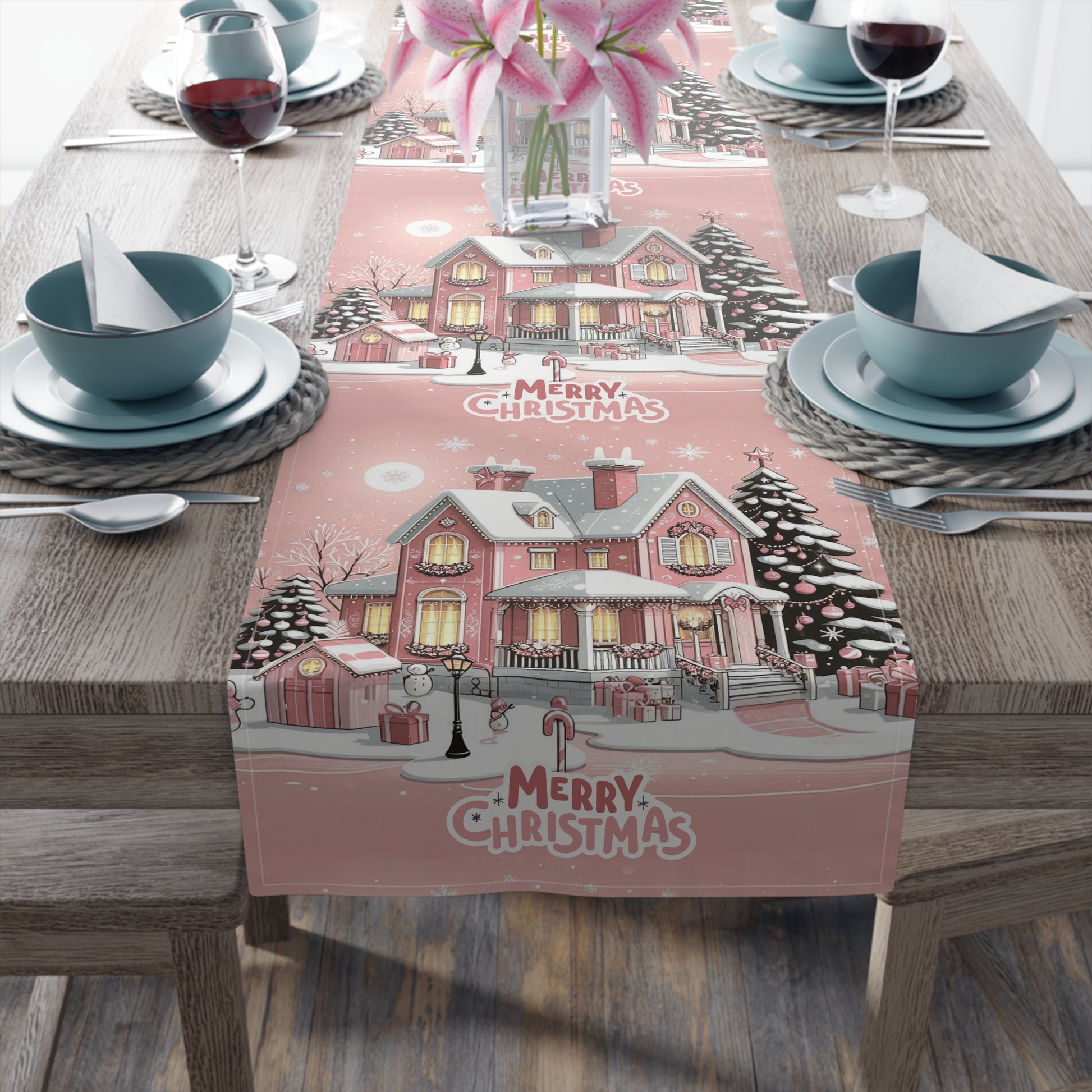Christmas House Table Runner - Festive Holiday Decor Pink Merry Christmas, Dining Room Kitchen Decor, Home Decoration, by Printify